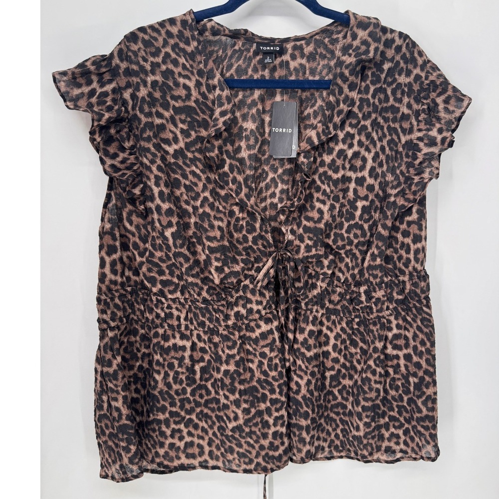 Torrid Blouse Women 2X Chocolate NWT Leopard Ruffle Tie Front Peplum Flutter